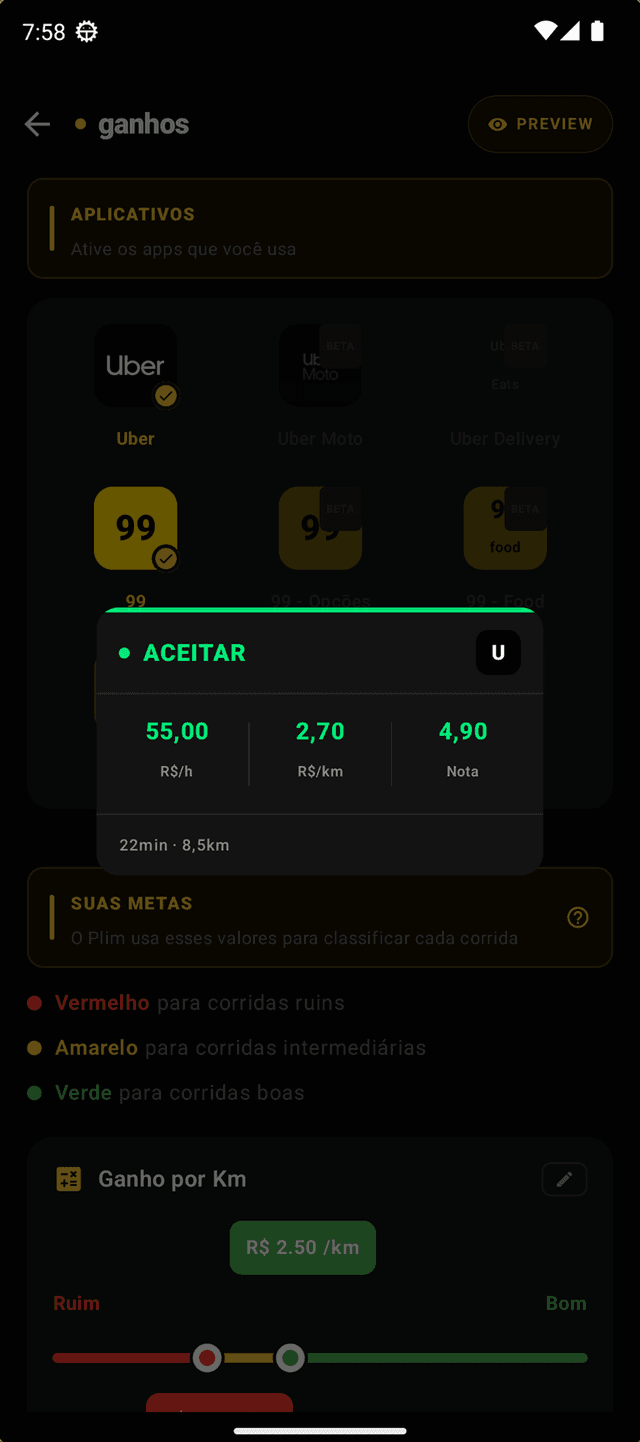 Card de veredito do Plim mostrando ACEITAR com R$/h, R$/km e nota